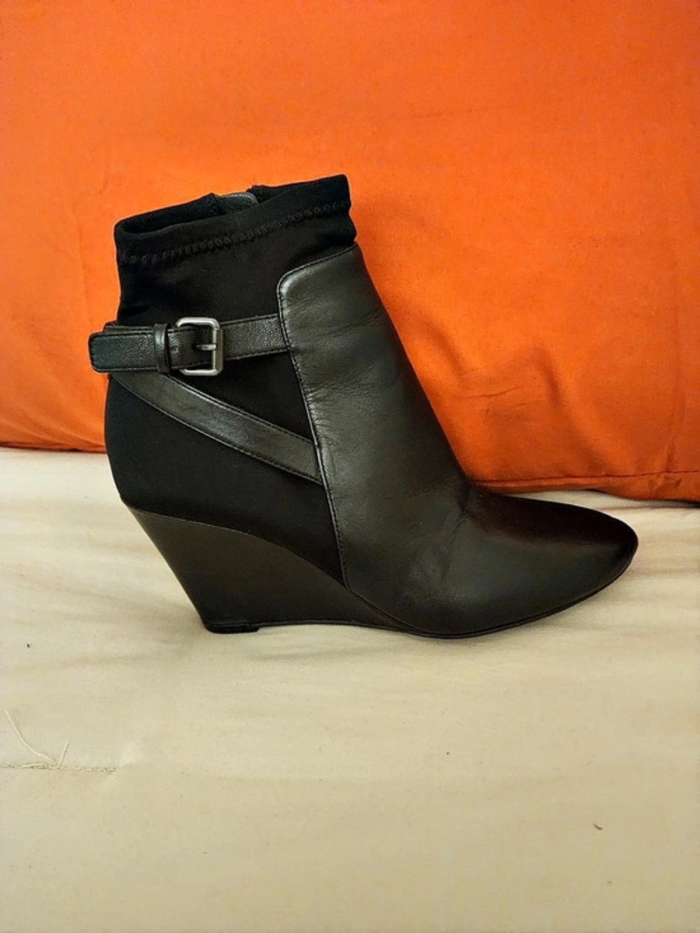 Black Leather Wedge Ankle Boots US 5